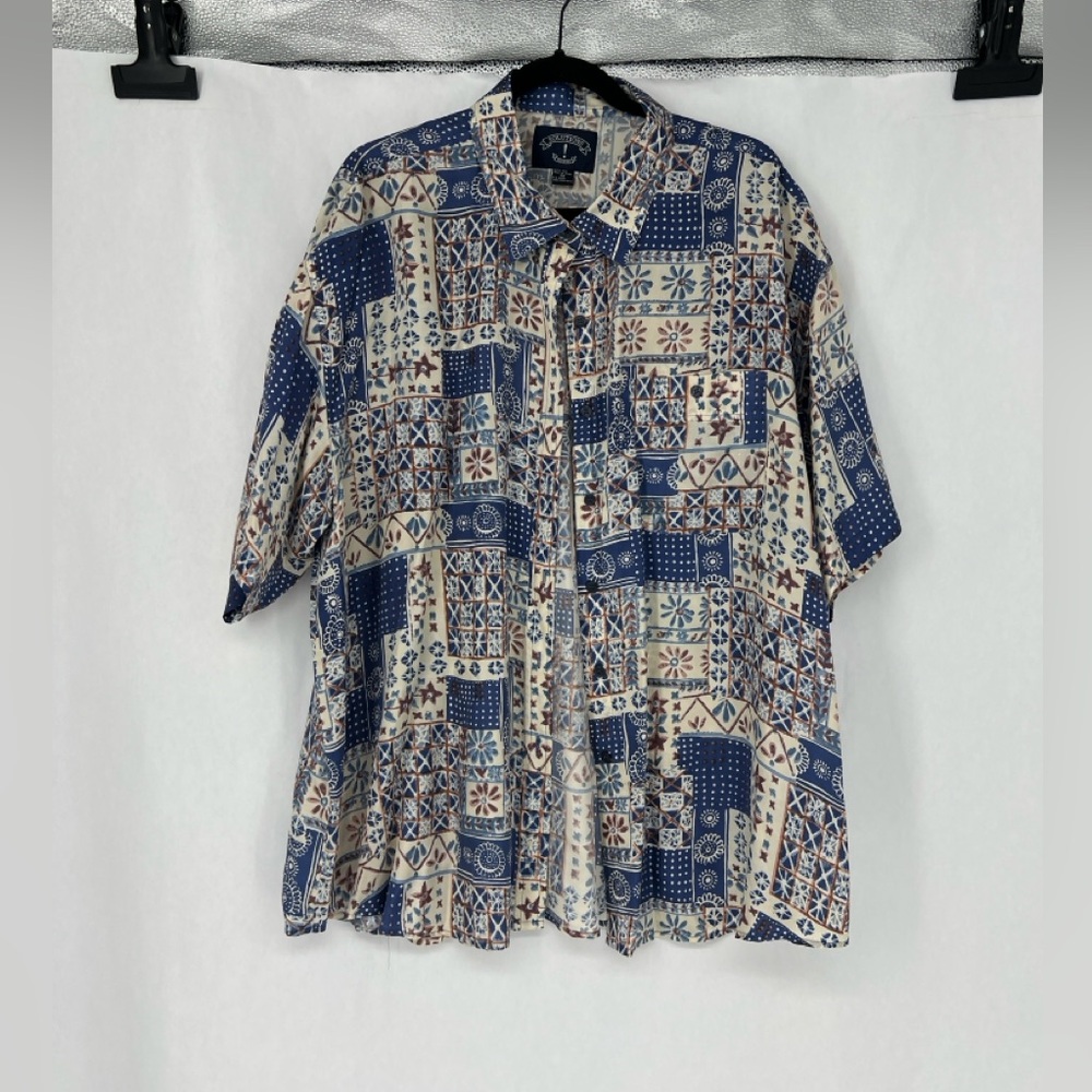 100% silk Patchwork Short-Sleeve Button-Down Shirt - Blue & Cream
